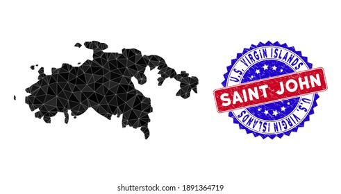 Mapa de la malla poligonal de la isla de San Juan con triángulos rellenos y sello bicolor de grunge. Mapa del mosaico triangular de la isla de San Juan con modelo de vector de malla, triángulos con tamaños y posiciones aleatorizados,