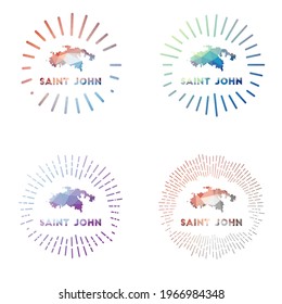 Saint John low poly sunburst set. Logo of island in geometric polygonal style. Vector illustration.
