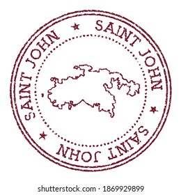 Saint John round rubber stamp with island map. Vintage red passport stamp with circular text and stars, vector illustration.