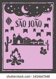 Saint John Sao Joao party background vector with copy space. Brazilian woodcut style illustration.