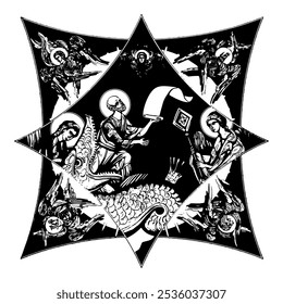 Saint Jonah and the Whale on cross dome with 4 apostles, angels and seraphim. Ink illustration black and white in Byzantine style isolated