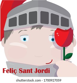 Saint Jordi y una rosa con mensaje en lengua catalana que significa feliz día de San Jorge - ilustración vectorial