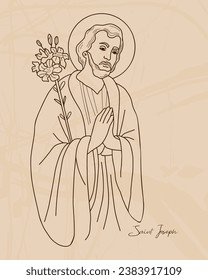 Saint Joseph the Betrothed. Holy Forefather with blooming lily. Vector illustration. Hand drawn outline for decoration of religious themes, Catholic and Christian holidays