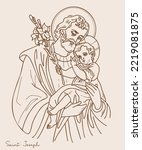 Saint Joseph the Betrothed. Icon Holy Forefather with Jesus Christ and blooming lily. Vector illustration. Hand drawn. outline. For decoration of religious themes, Catholic and Christian holidays