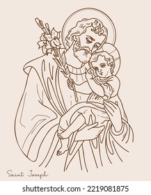 Saint Joseph the Betrothed. Icon Holy Forefather with Jesus Christ and blooming lily. Vector illustration. Hand drawn. outline. For decoration of religious themes, Catholic and Christian holidays