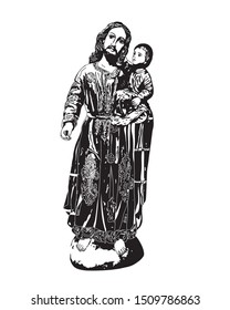 Saint Joseph with Child Jesus vintage vector Catholic Illustration