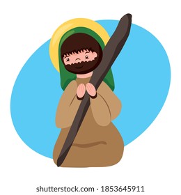 saint joseph father of God praying on knees with his walking stick and brown suit cartoon