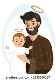 Saint Joseph holds newborn Jesus smiling. Fathers day. Birth of Christ