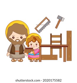 Saint Joseph and jesus in the in the carpentry. vector illustration