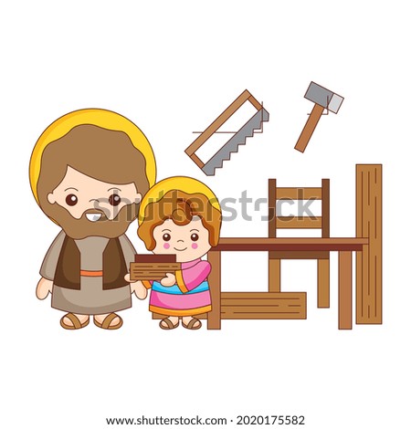 Saint Joseph and jesus in the in the carpentry. vector illustration