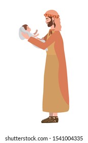 saint joseph lifting jesus baby manger characters vector illustration design