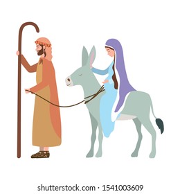 saint joseph and mary virgin in mule manger characters vector illustration