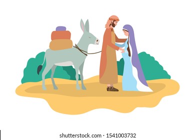 saint joseph and mary virgin in mule manger characters vector illustration