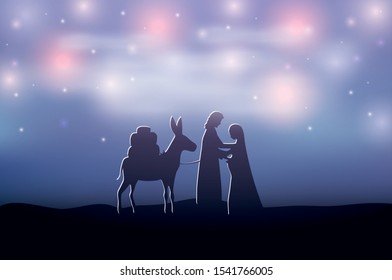 saint joseph and mary virgin in mule manger silhouette characters vector illustration