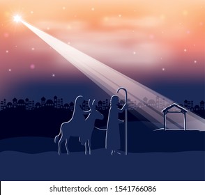 saint joseph and mary virgin in mule manger silhouette characters vector illustration