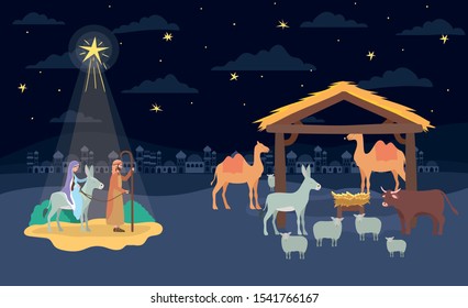 saint joseph and mary virgin in mule and stable scene vector illustration design