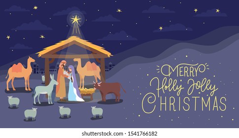 saint joseph and mary virgin in mule and stable scene vector illustration design