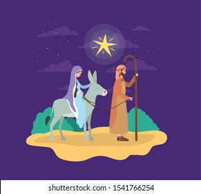 saint joseph and mary virgin in mule manger characters vector illustration