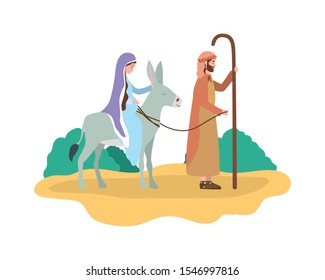 saint joseph and mary virgin in mule manger characters vector illustration