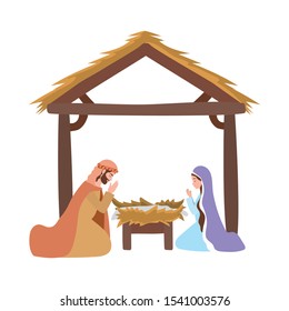 saint joseph and mary virgin in stable manger characters vector illustration
