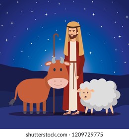 saint joseph with ox and sheep on night