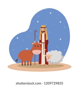 saint joseph with ox and sheep on night