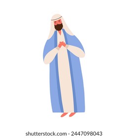 Saint Joseph praying, cartoon flat vector illustration isolated on white background. Concepts of Christmas, christianity and nativity. Character drawing.