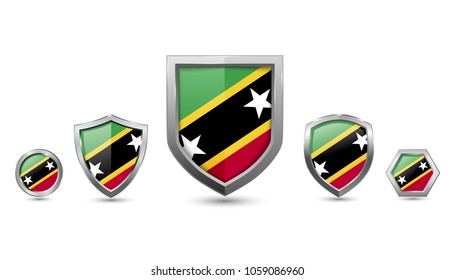 Saint kitts flag badges - silver shape shield circle hexagon - vector illustration