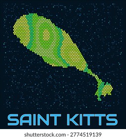 Saint Kitts hexagon dots map. Digital style shape of the island. Saint Kitts map and title. Tiny green colored hexagons, sparse blue dots at background. Vector Illustration.