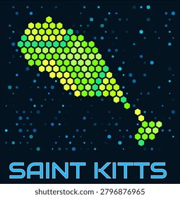 Saint Kitts hexagon dots map. Digital style shape of the island. Saint Kitts map and title. Large green colored hexagons, sparse blue dots at background. Vector Illustration.