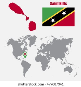 Saint Kitts map on a world map with flag and map pointer. Vector illustration