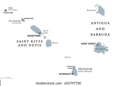 Saint Kitts And Nevis, Antigua And Barbuda, Montserrat, Saba and Sint Eustatius political map.Caribbean islands and parts of the Lesser Antilles. Gray illustration over white. English labeling. Vector