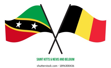 Saint Kitts and Nevis and Belgium Flags Crossed And Waving Flat Style. Official Proportion.