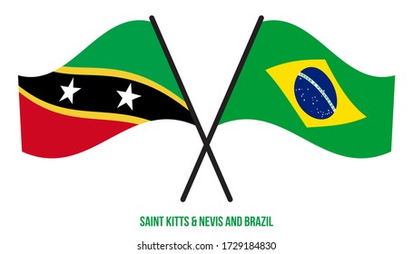 Saint Kitts & Nevis and Brazil Flags Crossed And Waving Flat Style. Official Proportion.