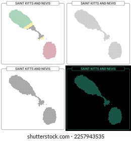 St. Kitts and Nevis Circular Mosaic Brick Dotted Map, Set of National Flag Color, Black Silhouette Country Boundary einzeln auf weißem Hintergrund, geografische Vektorgrafik