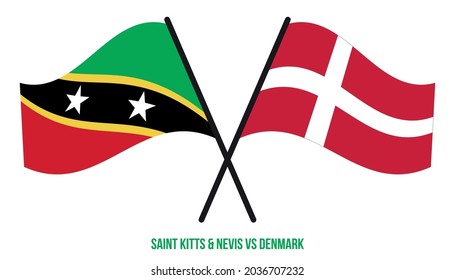 Saint Kitts  Nevis and Denmark Flags Crossed And Waving Flat Style. Official Proportion.