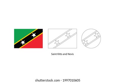 Saint Kitts and Nevis flag 3 versions, Vector illustration, Thin black line of rectangle and the circle on white background.