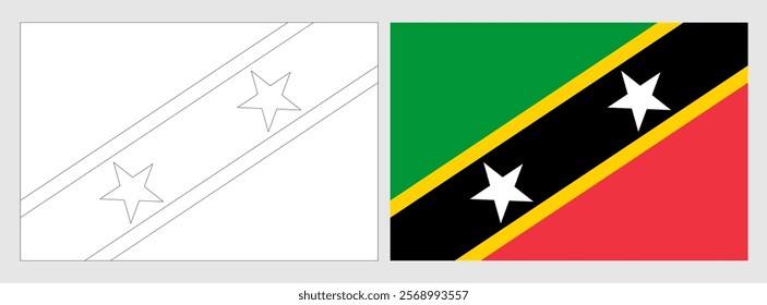 Saint Kitts and Nevis flag - coloring page. Set of white wireframe thin black outline flag and original colored flag.