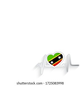 Saint Kitts and Nevis flag heart shaped and heartbeat line isolated on white. Palau Patriotic Background. Vector illustration.