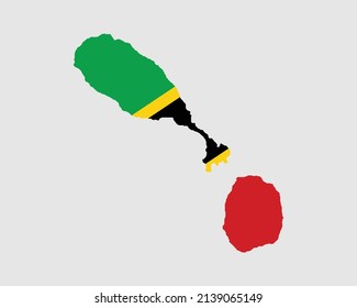 Saint Kitts and Nevis Flag Map. Map of St. Kitts and Nevis with the Kittitian country banner. Vector Illustration.