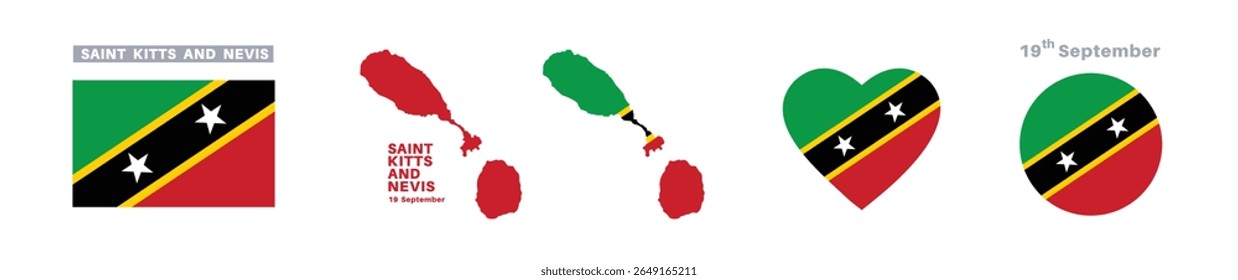  bandeira de são gatinhos e nevis e conjunto de mapas. bandeira de são gatinhos e nevis em cores e proporções oficiais. dia da independência 19 de setembro, mapa, círculo e coração em forma de são gatinhos e nevis