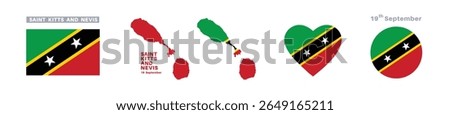  saint kitts and nevis flag and map set. saint kitts and nevis flag in official colors and proportions. independence day 19 september, map, circle and heart shaped saint kitts and nevis