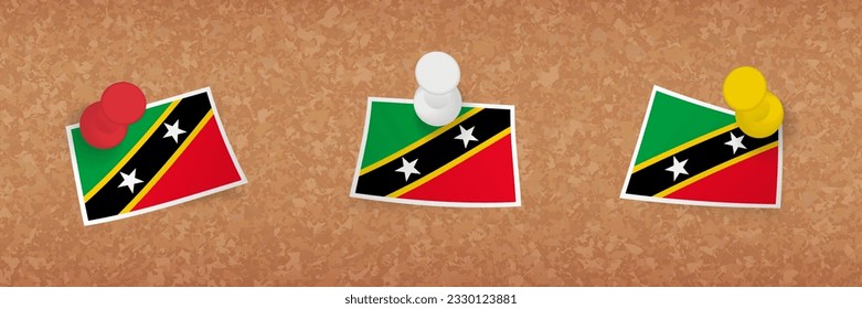 Saint Kitts and Nevis flag pinned in cork board, three versions of Saint Kitts and Nevis flag. Vector pushpins and flag set.