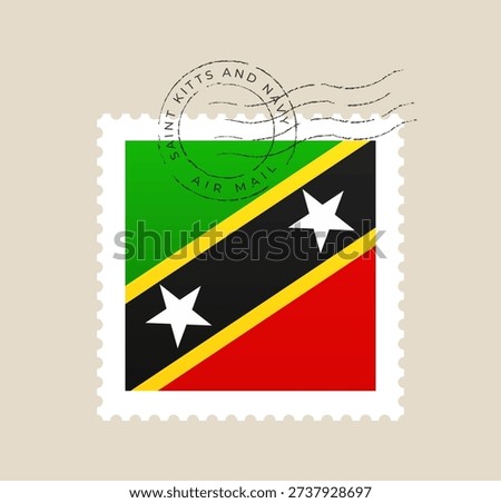 Saint Kitts and Nevis flag postage stamp with an air mail postmark cancellation on a vintage envelope background..