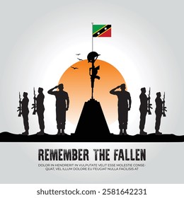Saint Kitts and Nevis flag in remember the fallen flag for morning sun and army design