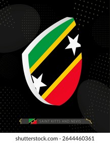 Saint Kitts and Nevis Flag Shield icon in 3D on Dark Modern Abstract Rugby Background. Perfect for sports events, heritage themes, national celebrations, and patriotic designs.