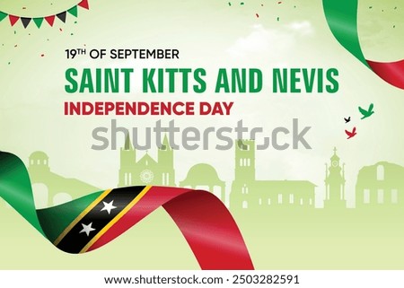 Saint Kitts and Nevis Flag Waving On Skyline Background. Independence Day Concept Design Vector Illustration.