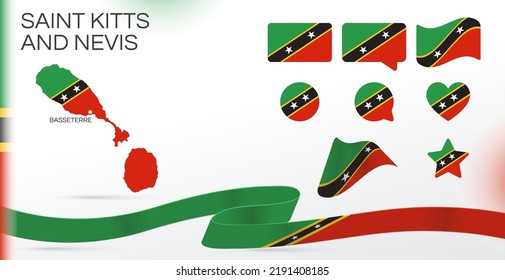Banderas de Saint Kitts y Nevis. Varios diseños. Mapa y ciudad capital. Banderas del mundo. Conjunto de vectores. Círculo. Plantilla para el día de la independencia. Colección de símbolos nacionales. Cinta. Norteamérica