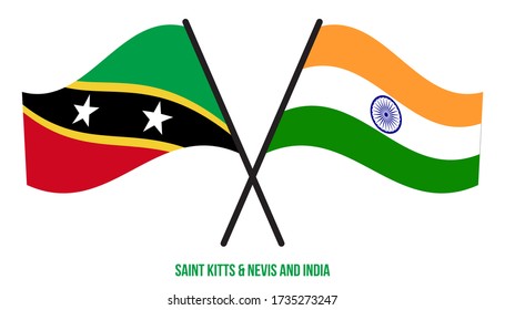 Saint Kitts & Nevis and India Flags Crossed And Waving Flat Style. Official Proportion.