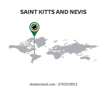 Saint Kitts and Nevis Location Pin on World Map with Flag in Pin's Body